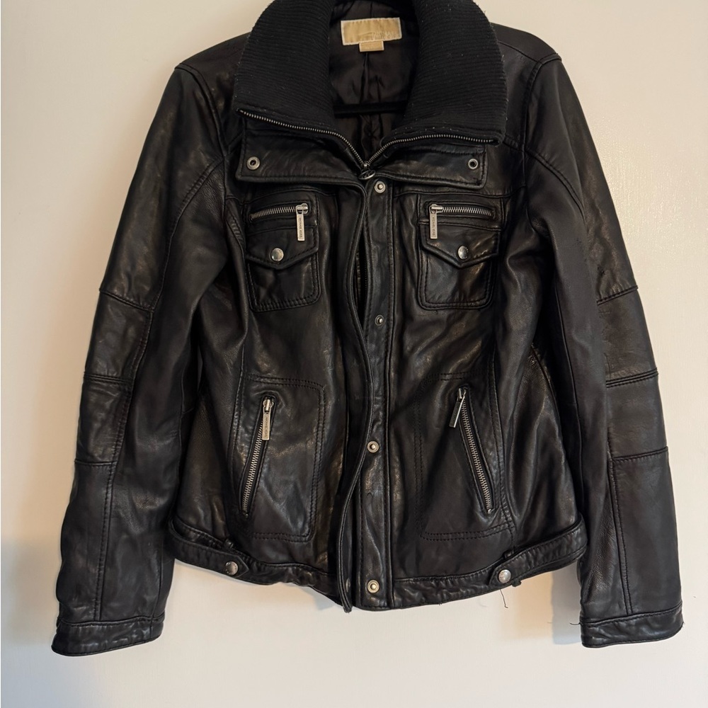 Michael Kors Black Leather Bomber Jacket